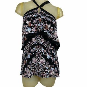 White House Black Market Black Floral Halter Layered Top